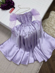 Pretty Ball Gown Strapless Long Puffy Sleeves Lilac Satin Pearls Prom Dresses Long Evening Dress HZ1024