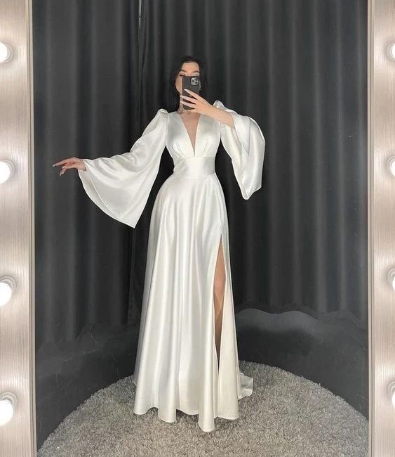 Fancy A Line V Neckline Long Sleeves White Satin Prom Dresses Evening Dress With Slit HZ1024