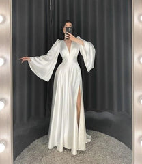 Fancy A Line V Neckline Long Sleeves White Satin Prom Dresses Evening Dress With Slit HZ1024