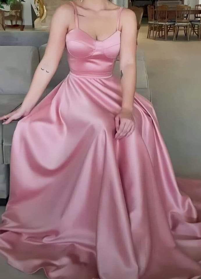 Simple A Line Spaghetti Straps Sleeveless Pink Satin Prom Dresses Long Evening Dress HZ1024