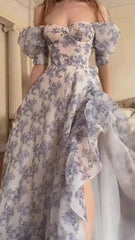 Fancy High Low Sweetheart Short Sleeves Floral Prom Dresses Evening Dress With Ruffles HZ1024