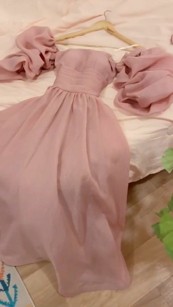 Simple A Line Strapless Short Sleeves Pink Organza Prom Dresses Long Evening Dress HZ1024