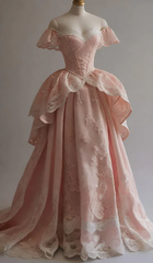 Gorgeous Ball Gown Off The Shoulder Pink Satin Lace Long Prom Dresses Evening Dress HZ1024