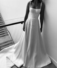 Elegant A Line Spaghetti Straps Long Satin White Prom Dresses Evening Dress HZ1024