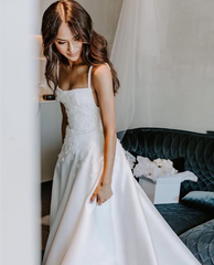 Elegant A Line Spaghetti Straps Long Satin White Prom Dresses Evening Dress HZ1024