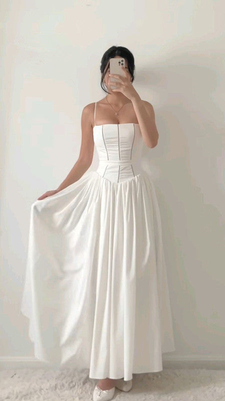 Elegant A Line Spaghetti Straps Long White Chiffon Prom Dresses Evening Dress HZ1024