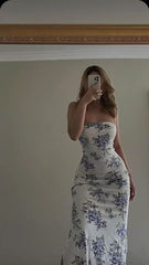 Elegant Sheath Strapless Long Blue Floral Prom Dresses Evening Dress HZ1024