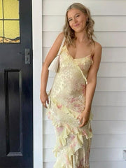 Elegant Mermaid Spaghetti Straps Yellow Chiffon Long Lace Prom Dresses Evening Dress HZ1024