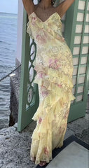 Elegant Mermaid Spaghetti Straps Yellow Chiffon Long Lace Prom Dresses Evening Dress HZ1024