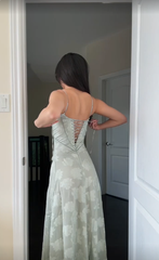 Elegant Sheath Spaghetti Straps Mint Green Lace Long Prom Dresses Evening Gowns HZ1024