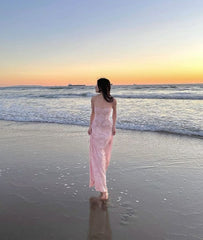 Elegant Sheath Spaghetti Straps Pink Lace Long Prom Dresses Evening Gowns HZ1024
