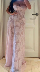 Elegant Sheath Spaghetti Straps Pink Lace Long Prom Dresses Evening Gowns HZ1024
