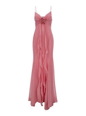 Vintage Mermaid Spaghetti Straps 90s Pink Chiffon Prom Dresses Evening Gowns HZ1024