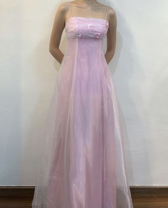 Vintage A Line Spaghetti Straps 90s Pink Tulle Prom Dresses Evening Gowns HZ1024