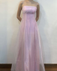 Vintage A Line Spaghetti Straps 90s Pink Tulle Prom Dresses Evening Gowns HZ1024