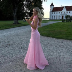 Gorgeous Mermaid High Neckline Pink Slit Tulle Long Prom Dresses Evening Dress HZ1024