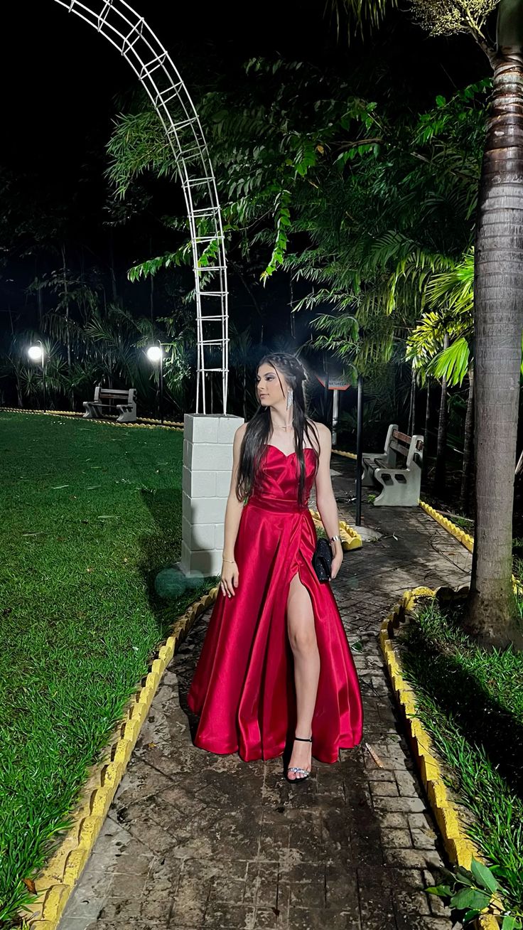 Modest A Line Sweetheart Red Satin Long Slit Prom Dresses Evening Dress HZ1024