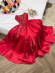 Modest A Line Strapless Sleeveless Red Satin Ruffles Beads Long Prom Dresses Evening Dress HZ1024