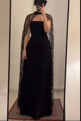 Vintage A Line Strapless Black Tulle Long Prom Dresses With Cape Evening Dress HZ1024