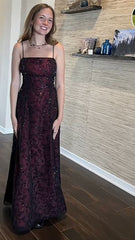 Vintage A Line Spaghetti Straps Burgundy Sequin Long Prom Dresses Evening Dress HZ1024