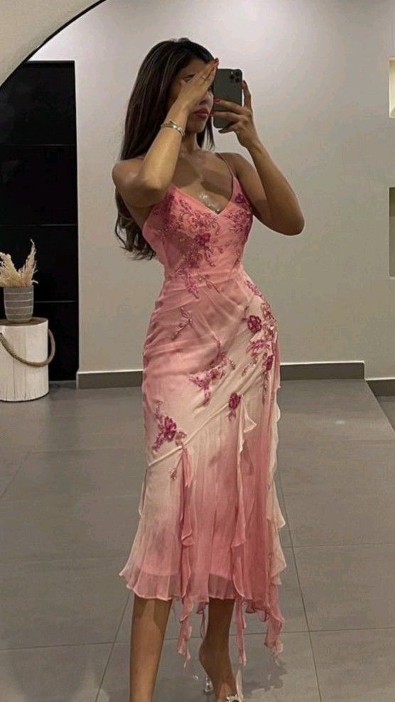 Vintage Sheath Spaghetti Straps Pink Chiffon Knee Length Prom Dresses Evening Dress HZ1024