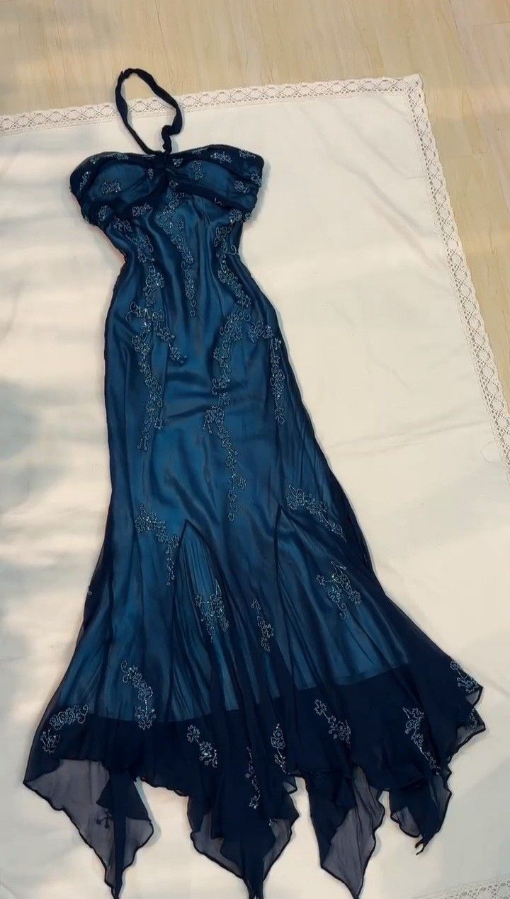 Vintage Sheath Halter Blue Chiffon Ankle Length Prom Dresses With Beads Evening Dress HZ1024