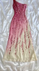 Vintage Sheath One Shoulder Chiffon Ombre Pink Floor Length Prom Dresses Evening Dress HZ1024