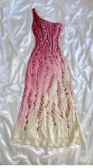 Vintage Sheath One Shoulder Chiffon Ombre Pink Floor Length Prom Dresses Evening Dress HZ1024