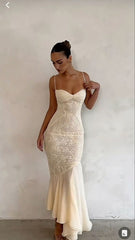 Vintage Mermaid Spaghetti Straps Ivory Lace Floor Length Prom Dresses Chiffon Evening Dress HZ1024