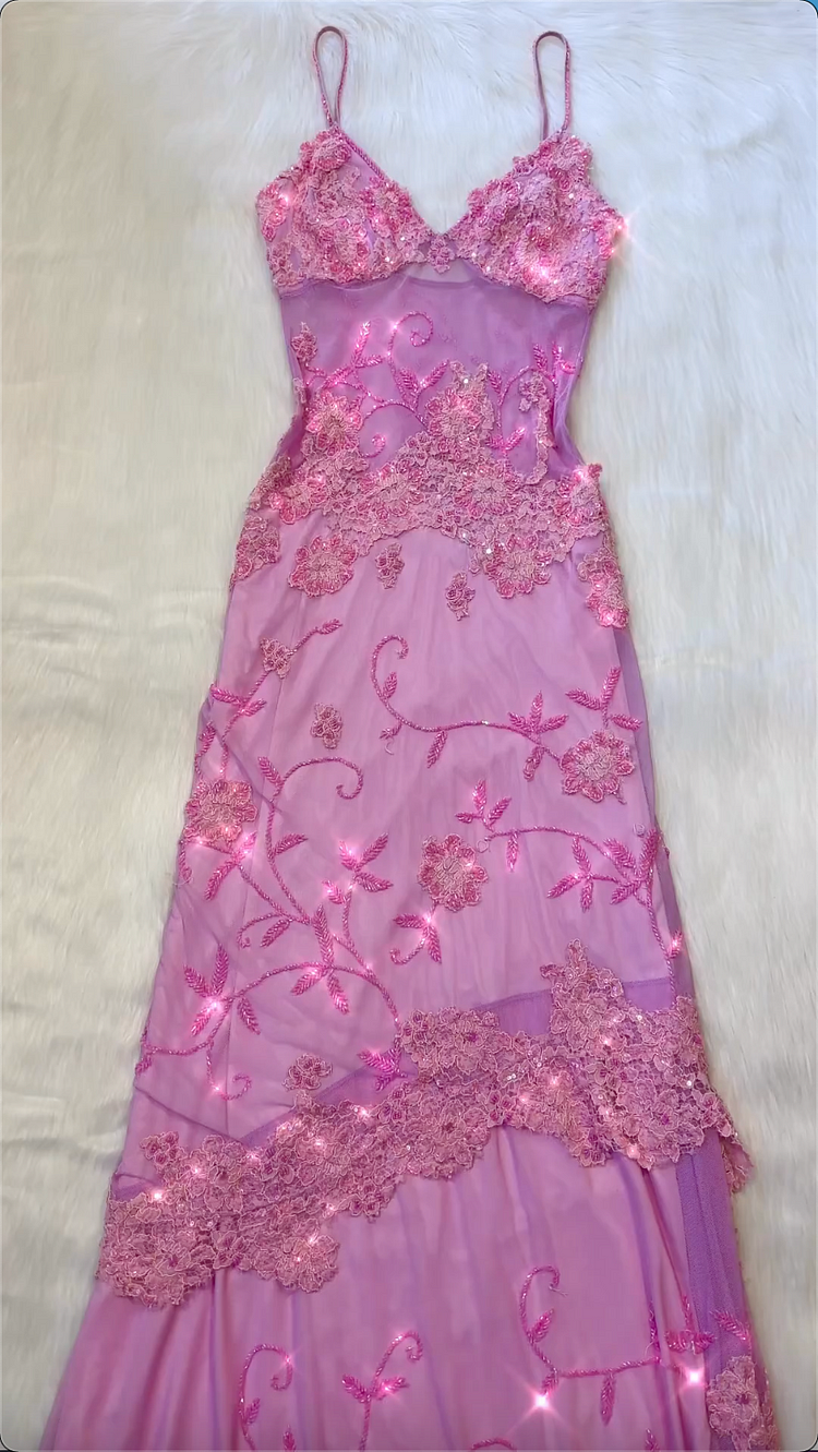 Vintage A Line Spaghetti Straps Pink Lace Floor Length Prom Dresses Beads Evening Dress HZ1024