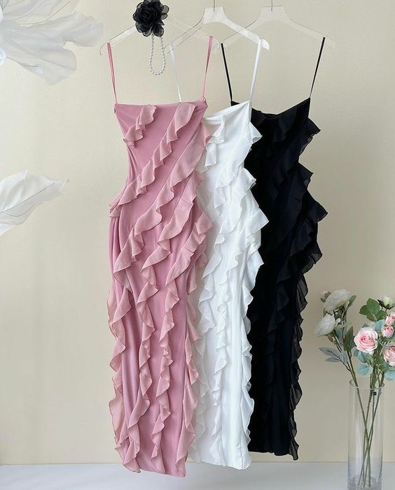 Vintage Sheath Spaghetti Straps Pink Chiffon Floor Length Prom Dresses Ruffles Evening Dress HZ1024