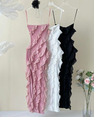 Vintage Sheath Spaghetti Straps Pink Chiffon Floor Length Prom Dresses Ruffles Evening Dress HZ1024