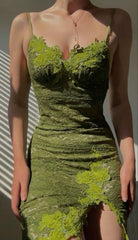 Vintage Sheath Spaghetti Straps Lace Green Prom Dresses Evening Dress With Appliques HZ1024