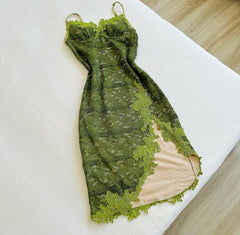 Vintage Sheath Spaghetti Straps Lace Green Prom Dresses Evening Dress With Appliques HZ1024