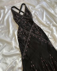 Vintage Sheath V Neckline Long Black Prom Dresses Evening Dress With Beads HZ1024