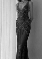 Vintage Sheath V Neckline Long Black Prom Dresses Evening Dress With Beads HZ1024