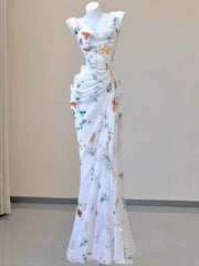 Vintage Sheath Square Neckline Long Prom Dresses White Floral Evening Dress With Ruffles HZ1024