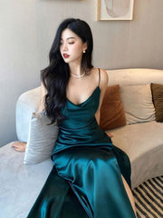Mermaid Green Satin Long Prom Dresses Slit Evening Dress HZ1024