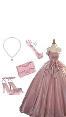 Elegant Ball Gown Strapless Pink Organza Long Prom Dresses Evening Dress HZ1024