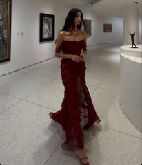 Burgundy Chiffon Slit Formal Evening Gown, Long Party Prom Dress HZ1024