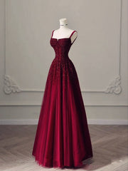 Elegant A Line Straps Burgundy Tulle Satin Long Prom Dresses Evening Dress HZ1024