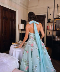 Classy Ball Gown Halter Light Blue Tulle Lace Prom Dresses Evening Dress HZ1024