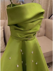 Classy A Line Spaghetti Straps Bud Green Satin Beads Prom Dresses Evening Dress HZ1024