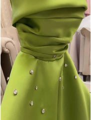 Classy A Line Spaghetti Straps Bud Green Satin Beads Prom Dresses Evening Dress HZ1024