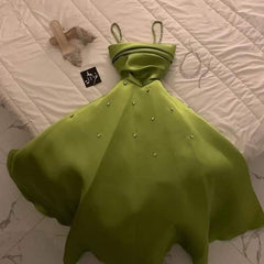 Classy A Line Spaghetti Straps Bud Green Satin Beads Prom Dresses Evening Dress HZ1024