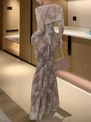 Elegant Bodycon Slim Lace Dress Vintage Casual Backless Bandage Party Dress Prom Dresses Evening Dress HZ1024
