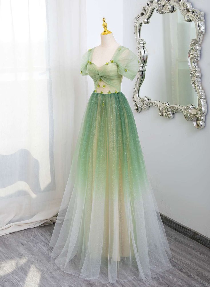 Elegant A line Sweetheart Short Sleeves Ombre Green Tulle Party Dress Prom Dresses Evening Dress HZ1024