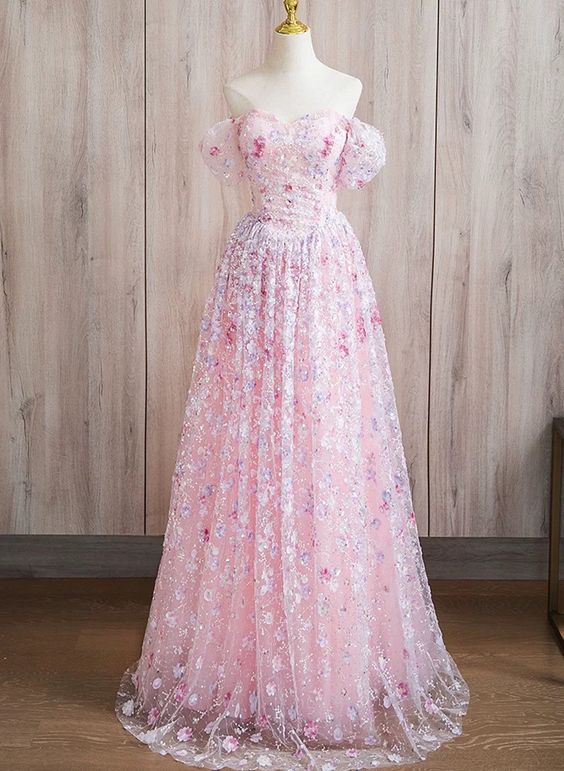 Elegant A line Off The Shoulder Short Sleeves Floral Pink Tulle Party Dress Prom Dresses Evening Dress HZ1024