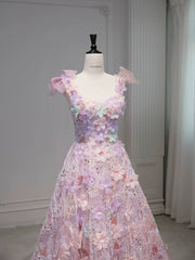 Elegant A line Square Neckline Sleeveless Floral Pink Tulle Party Dress Prom Dresses Evening Dress HZ1024