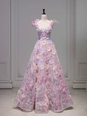 Elegant A line Square Neckline Sleeveless Floral Pink Tulle Party Dress Prom Dresses Evening Dress HZ1024